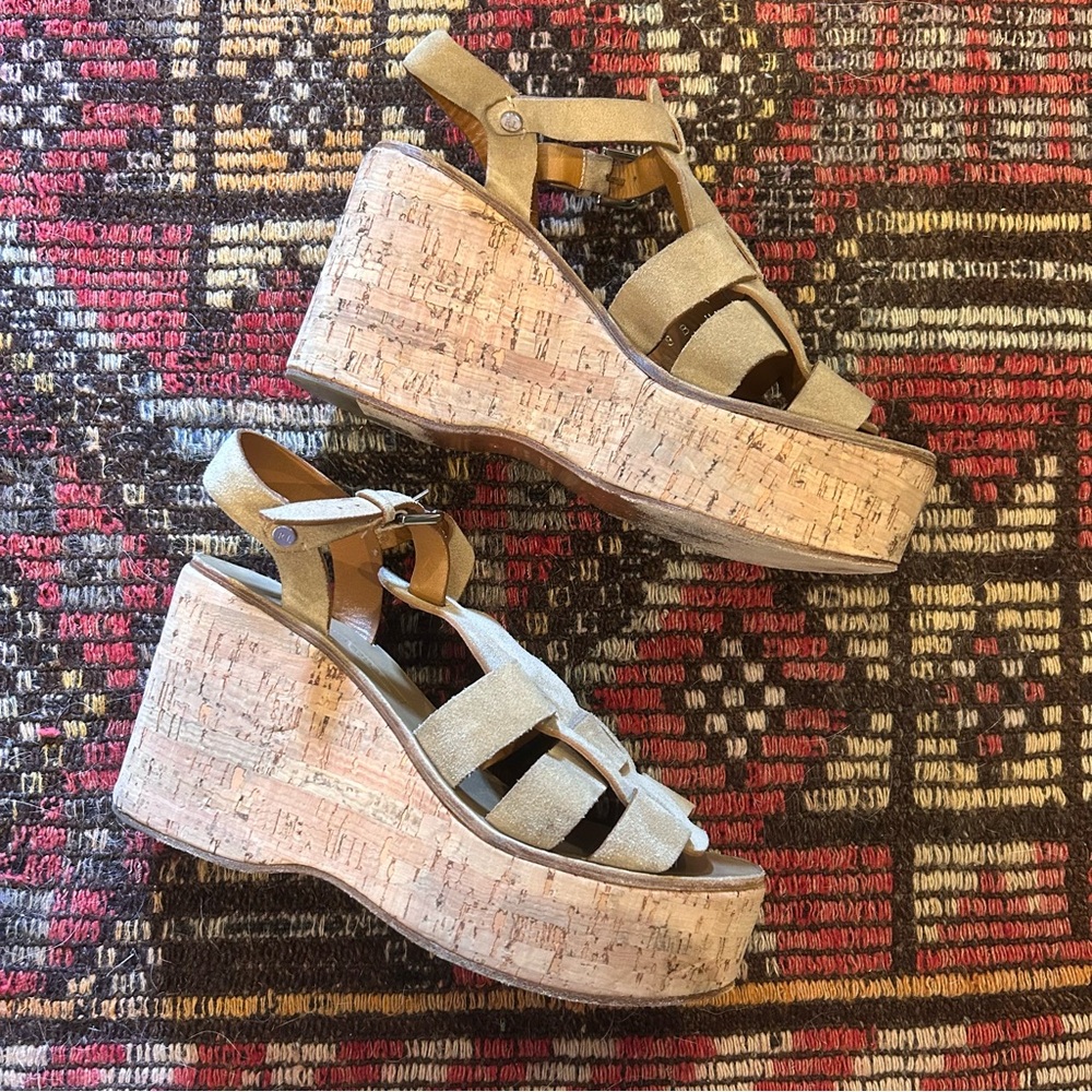 Ralph Lauren Collection Suede Fisherman Cork Wedge Sandals size 8 - Picture 2 of 9